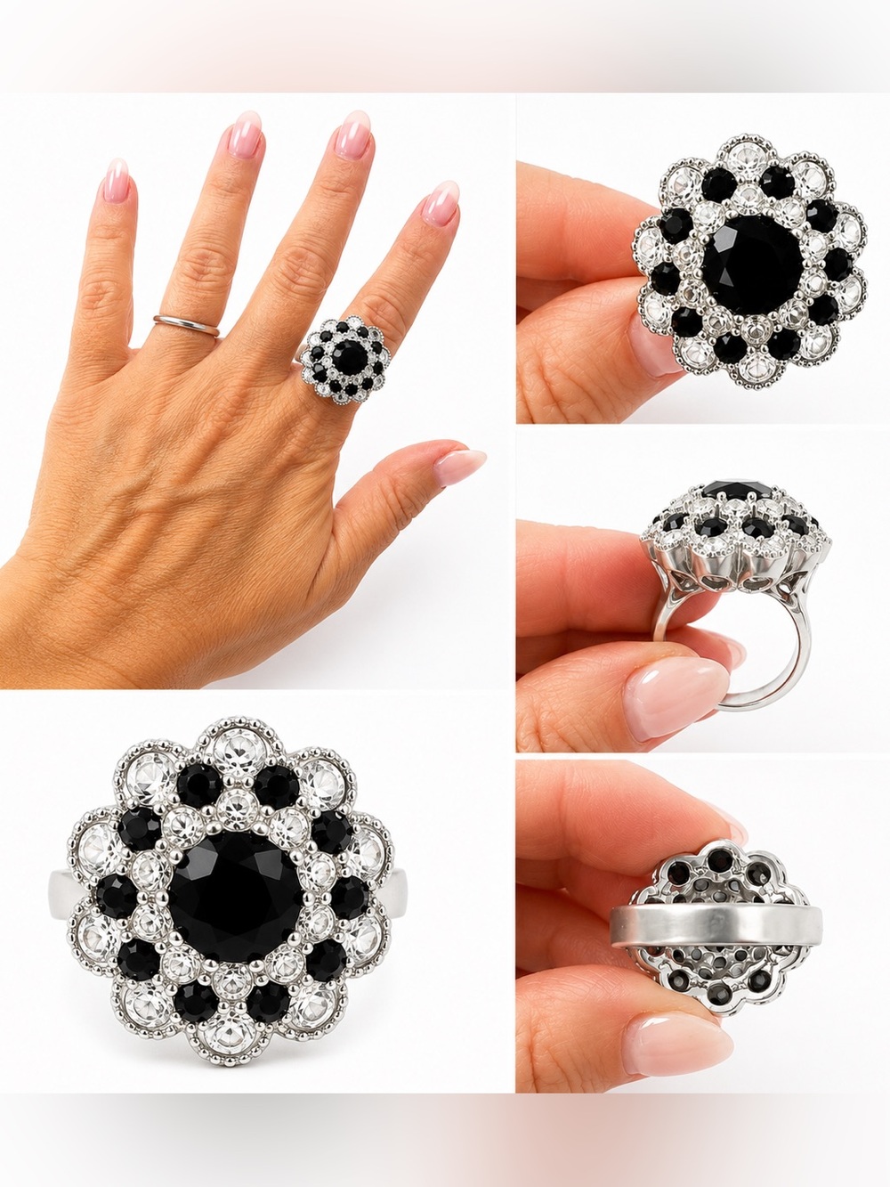 Vintage Blackâ & Clear Rhinestone Cocktail Ring Silver Tone Floral Size 7
